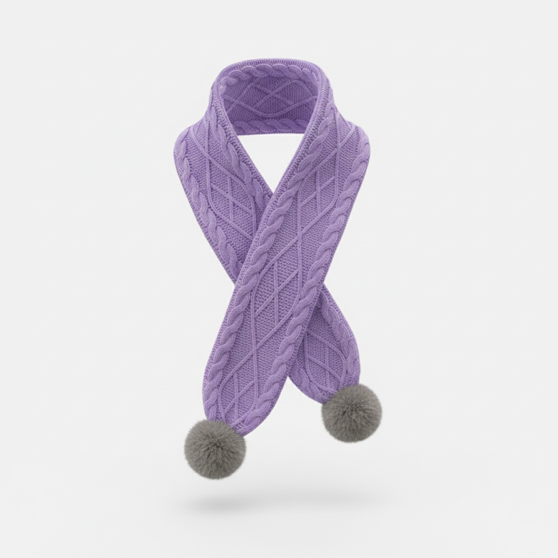 Écharpe fille violette avec pompons gris | La Bonne Taille