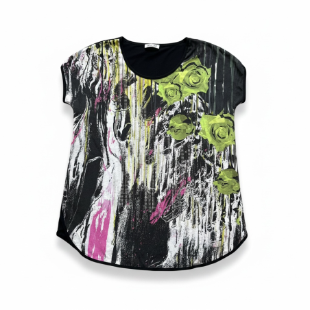 Tee-shirt femme taille 48 à motif rose verte effet peinture