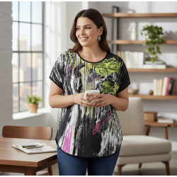 Tee-shirt femme taille 48 à motif rose verte effet peinture