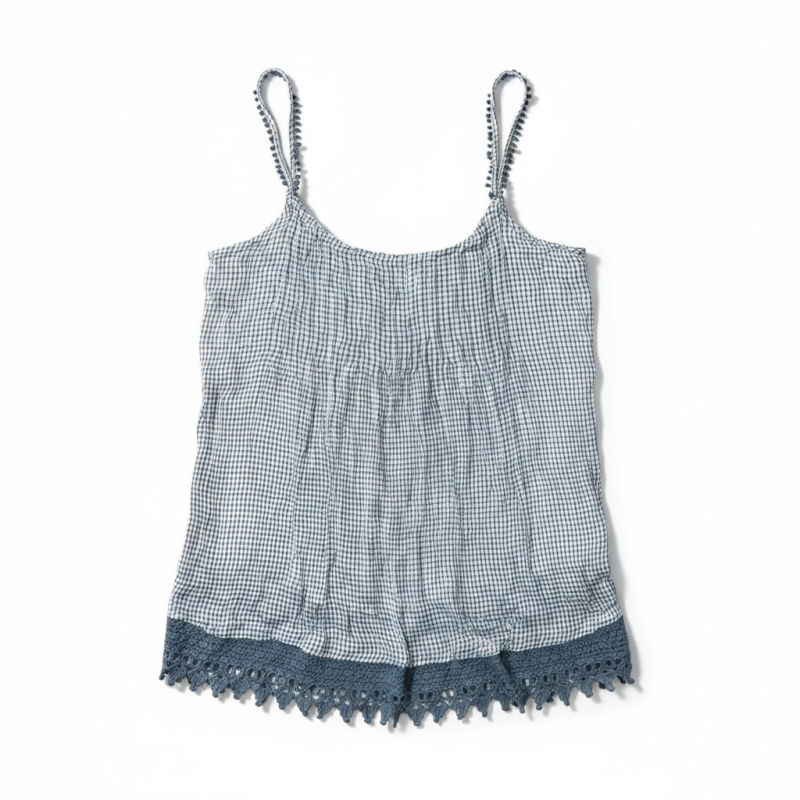 Débardeur femme Kiabi bleu gris à carreaux et dentelle taille 42